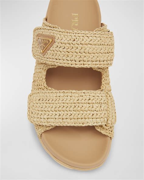 prada fussbett raffia dual buckle slide sandals|prada leather sandals.